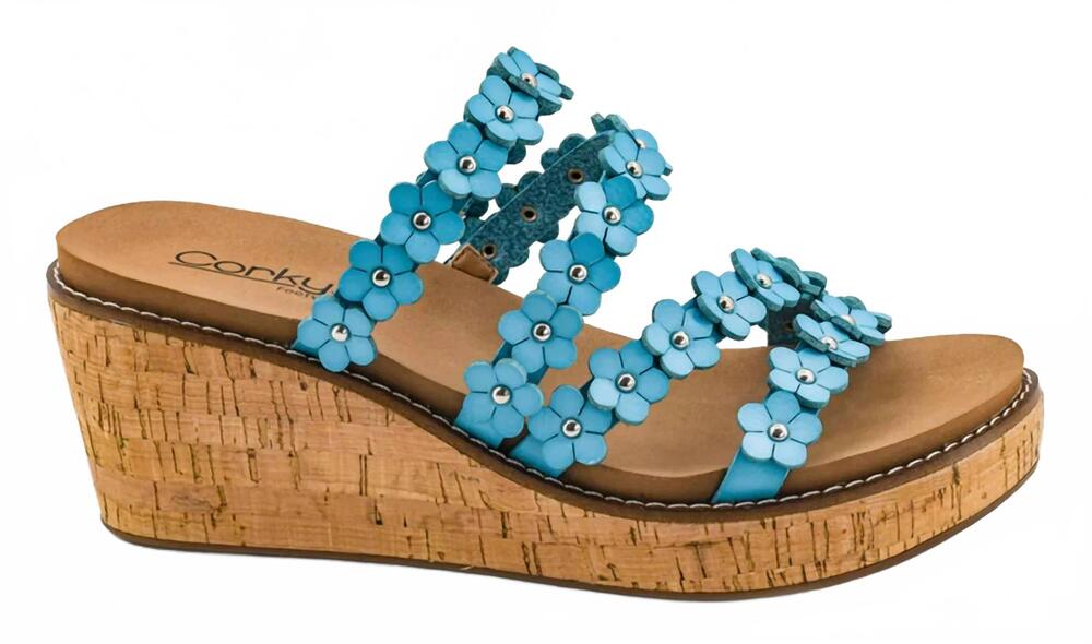 NEW CORKYS FOOTWEAR women's let's be friends flower wedge sandal in teal